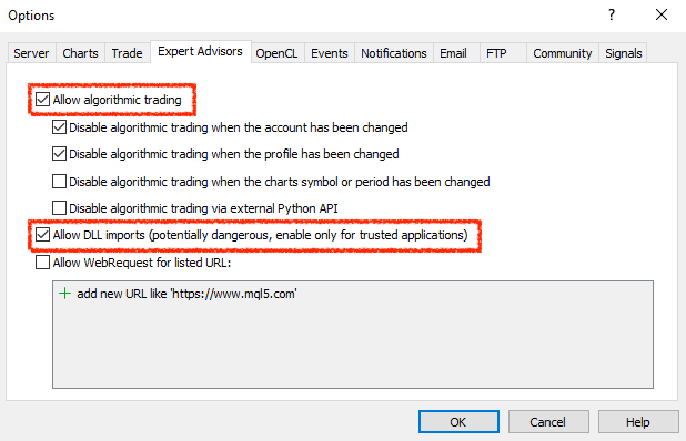 MT5 expert advisors settings enabled