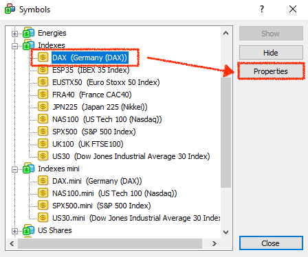 MT4 DAX properties