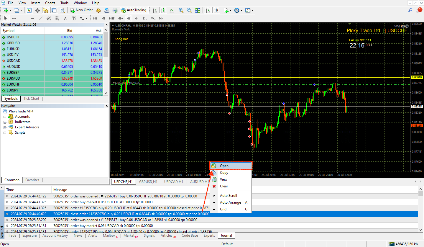 MT4 journal tab open