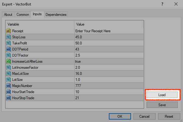 Vector load setfile