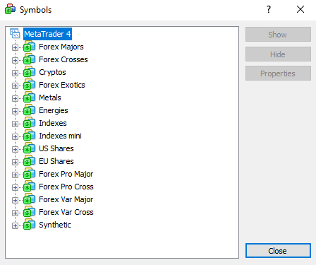 MT4 symbols categories