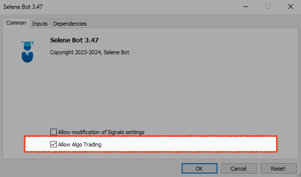 Common tab live trading checkbox